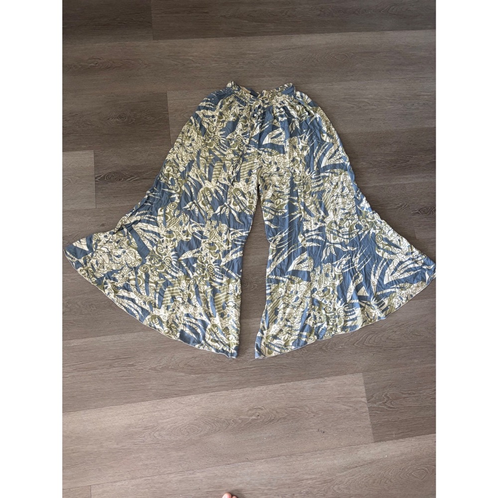 Caravanserai Blue Green Abstract Wide Leg Palazzo Pants Flowy Boho S/M